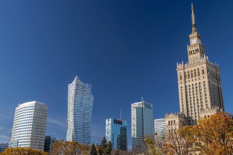 Warsaw skyline with the Skylight of Zlote Tarasy, Zlota 44, Rondo 1, the InterContinental Warsaw