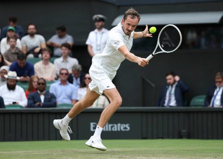 Russian tennis player Daniil Medvedev in action at the 2024 Wimbledon Championships, London,