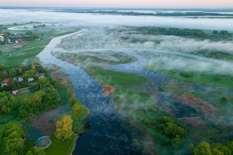 Biebrza National Park, morning mood, fog, shot with drone, wetland, river, Poland
