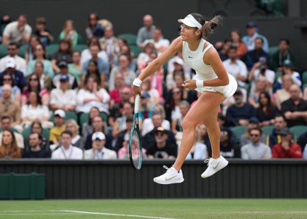 British tennis player Emma Raducanu in action at the 2024 Wimbledon Championships, London, England,