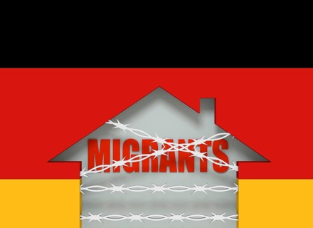 Image relative to migration to European Union. Barbed wire closed home icon textured by Germany