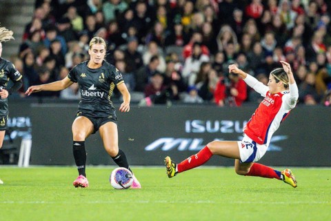 MELBOURNE, AUSTRALIA, MAY 24: Kyra Cooney-Cross of Arsenal Women FC competes against Danika Matos