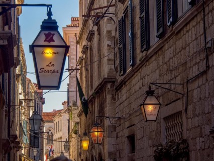Street at night with illuminated lanterns and various shop signs in front of old buildings,