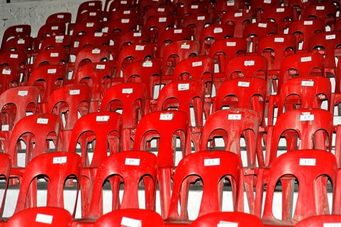 The Cave of St Michael, Gibraltar, British Overseas Territory, close-up of red chairs in neat rows,