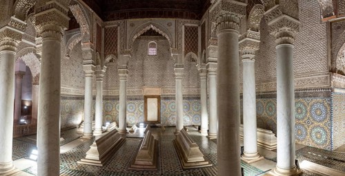 MARRAKECH, MOROCCO, APRIL 19, 2023, Oriental decoration of the famous Saadian tombs in the center