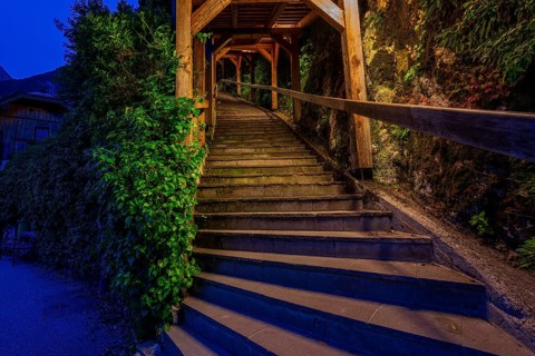Illuminated village steps in Hallstatt, Austria