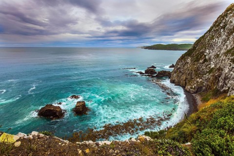 New Zealand. The picturesque coast of the Pacific Ocean near Nugget Points. Sunset sky portends a