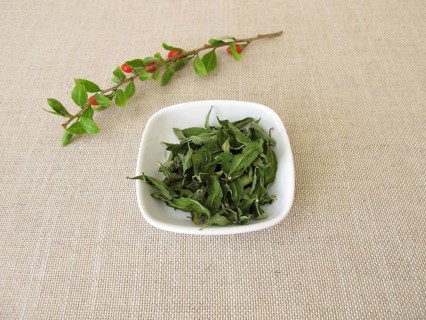 Dried goji leaves in a bowl and a fresh goji branch