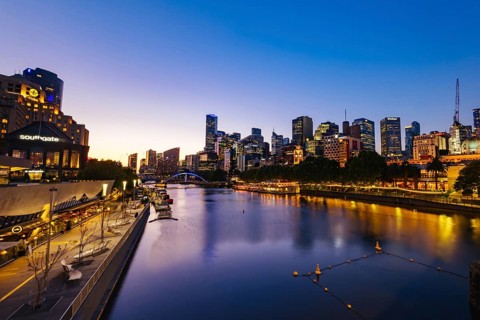 MELBOURNE, AUSTRALIA - OCTOBER 10, 2024: Melbourne skyline from Princes Bridge in Southbank along