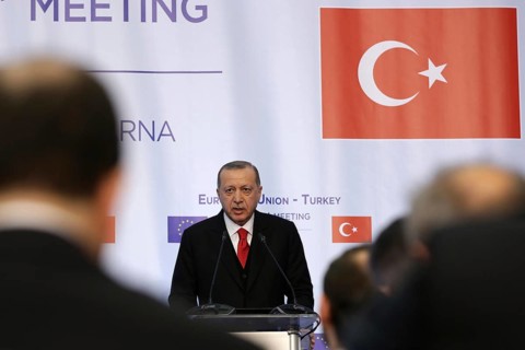 Varna, Bulgaria - March 26, 2018: Turkish President Tayyip Erdogan attends a news conference at
