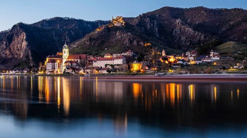 View over the Danube to Dürnstein, blue hour, long exposure, Wachau, Lower Austria, Austria