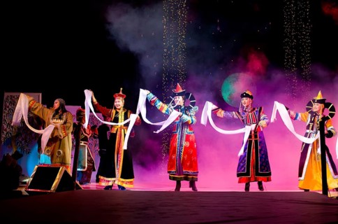 ULAN-UDE, RUSSIA - OCTOBER 29: Asian models demonstrate a dresses in ethnic style at the
