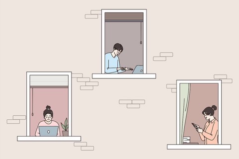 Diverse people freelancers in building windows work online on computer at smartphone from home. Men