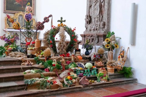 Harvest festival decoration in the collegiate church of St Peter and St John the Baptist,