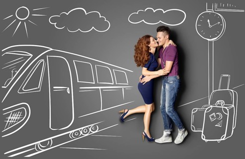 Happy Valentine's Day love story concept of a romantic couple against chalk drawings background of