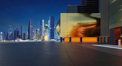 Perspective view of empty floor with modern building and beautiful nigh city background. 3d