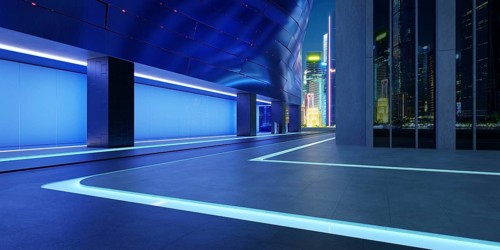 Empty floor with modern buildings with blue glass window. 3d rendering