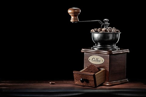 Classic Vintage Coffee Mill Standing On Wooden Board Isolated Black