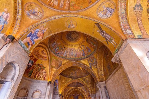 The mosaic decoration art of the interior of St Mark's Basilica, the cathedral church of Venice,