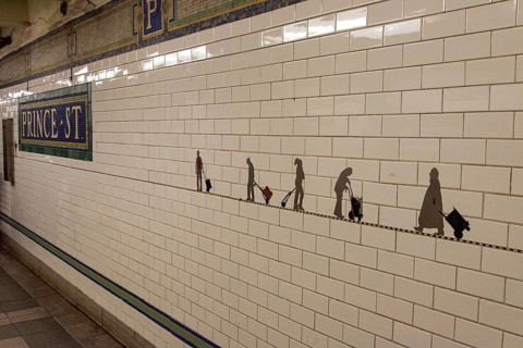 Art at the wall of subway station Prince Street in New York, USA