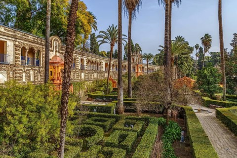 Garden and Gallery of Grutescos in Alcazar of Seville, Spain