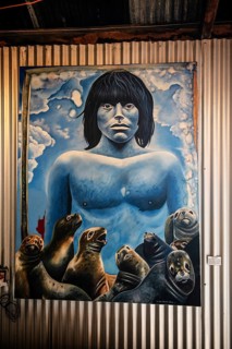 Mural depicting the cultural heritage of the Aonikenk and Kaweshar ethnic groups, Puerto Natales,