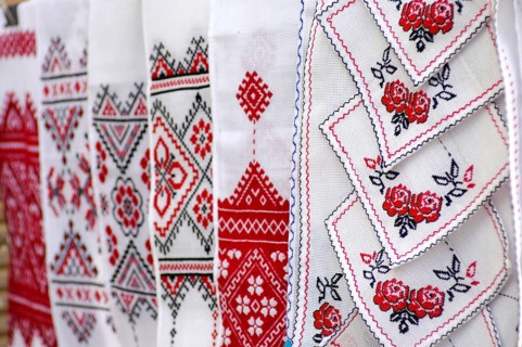 Stock photo of decorative towels with traditional Ukrainian folk national red and black embroidery