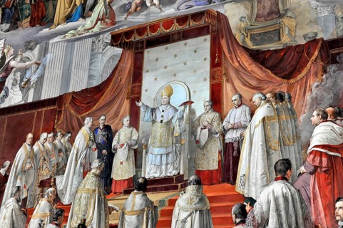 Vatican Museums, Vatican City, Vatican, Rome, Lazio, Italy, A pope in splendid attire stands in