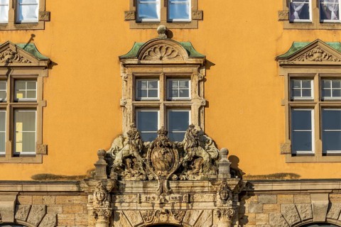 Detail of the yellow building of the art museum at the island railway station in Maximilianstraße,