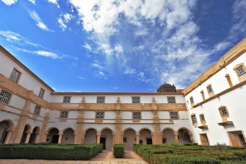 Beautifully preserved castle - palace of the Templars. Courtyard surrounded by galleries. Portugal,