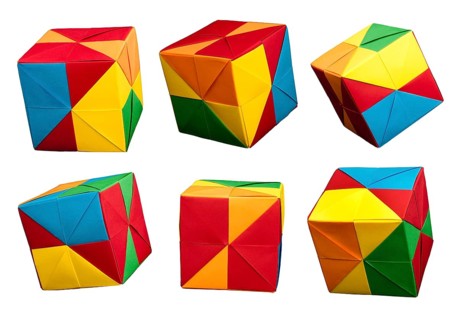 Paper made multi colored patterned cubes folded origami style