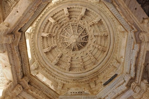 Ranakpur Temple, Ranakpur, Rajasthan, detail of an elaborately chiselled stone ceiling with complex