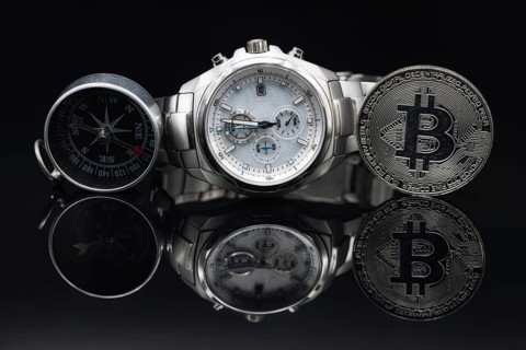 Solid men's wristwatch with a chronometer in a titanium case and a gift coin Bitcoin