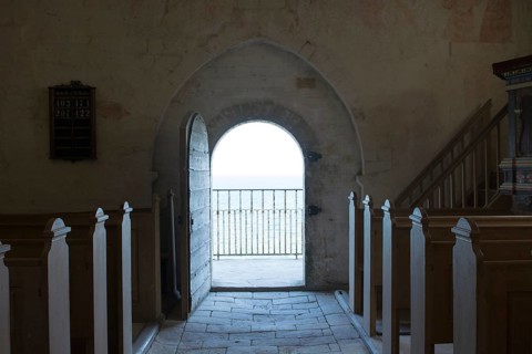 Danish Church with view on the sea in the old church of Højerup, Denmark, Højerup, Denmark