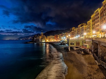 View of the seaside of Camogli with christmas lights