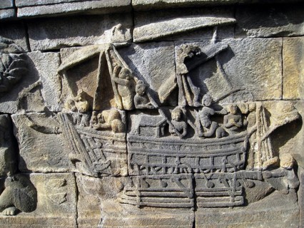 A Borobudur ship is the 8th-century wooden double outrigger, sailed vessel of Maritime Southeast