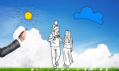 Hand drawn happy family in casual clothes with child
