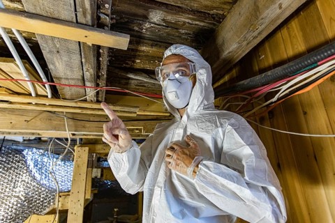 An indoor environmental quality assessor is viewed up-close, working beneath timber floor joists