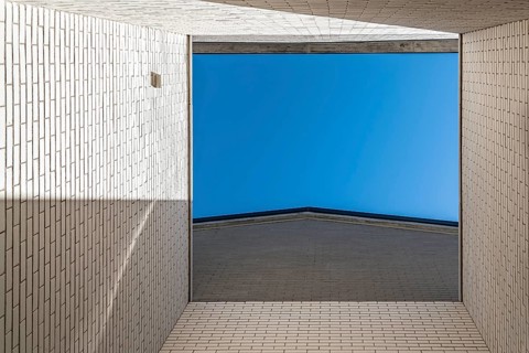 Detail of modern architecture brick facade. Courtyard