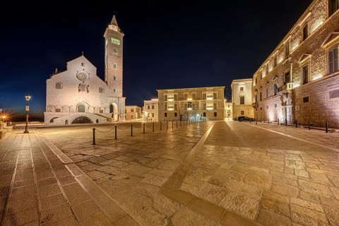 The Piazza Duomo with the famous cathedral in Trani, Apulia, by night