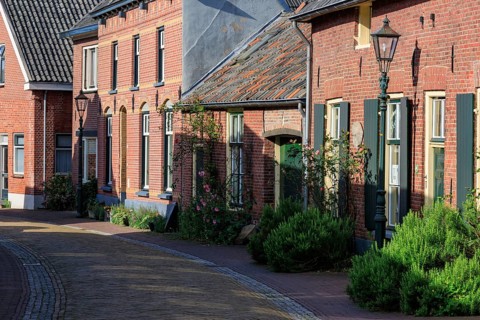 Cobbled alleyway with brick houses, shutters and small gardens with flowers, bredevoort,