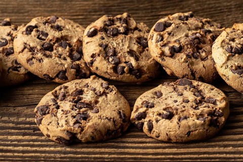 Chocolate chip cookies on wooden table
