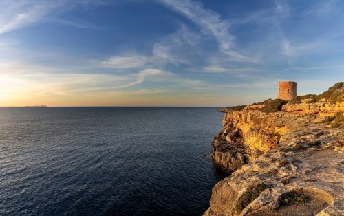 Cala Pi, Spain, 28 January, 2024: view of the historic Cala Pi watchtower in southern Mallorca at
