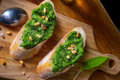 Rustic wild garlic pesto baguette