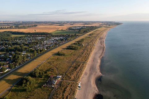 Dahme, Germany, July 31, 2021: Aerial drone view of Dahme Beach in Schleswig-Holstein