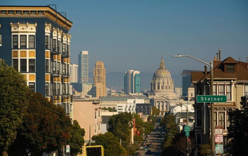 Fulton Street leads travelers straight down the hill into the City Hall building in downtown San