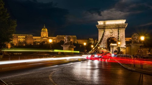 Night and Chain Bridge in Budapest, long exposure