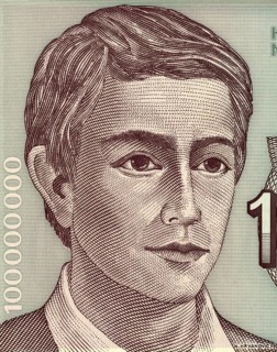 Young Man on 100000000 Dinara 1993 Banknote from Yugoslavia