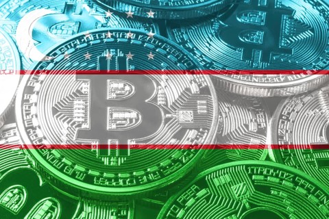 Uzbekistan bitcoin flag, national flag cryptocurrency concept black background
