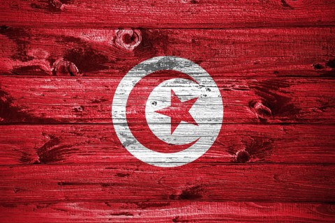 Tunisia flag on wooden planks background wood flag